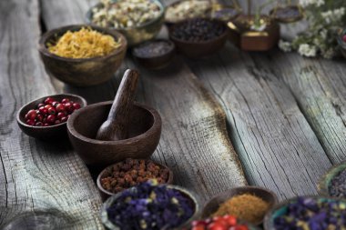 İlaç şişeleri ve şifalı bitkiler.