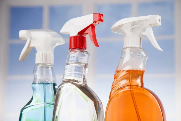 Assorted Cleaning Products Equipment Background — Stock Photo, Image