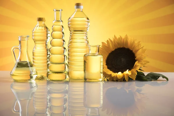 Sunflower Oil Cooking Oils Bottles Background — Stock Photo, Image