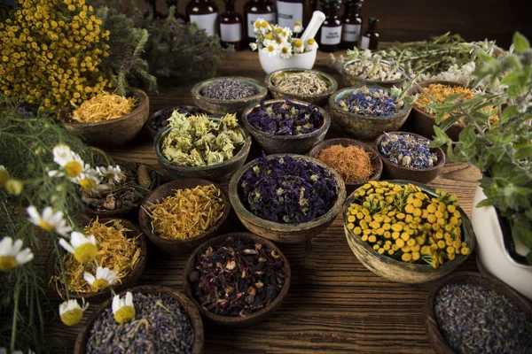 Remedio Natural Medicina Herbal Fondo Mesa Madera — Foto de Stock