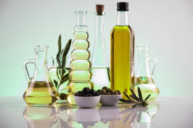 Bir şişe zeytinyağı, zeytin dalı ve pişirme yağı.