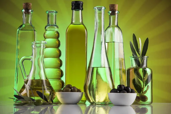 Bottles Organic Cooking Olive Oil Olive Branch — Stock Photo, Image