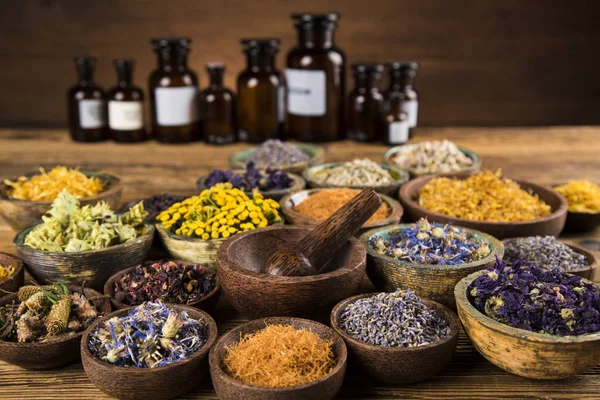 Homeopathie Kruidengeneeskunde Houten Tafel — Stockfoto