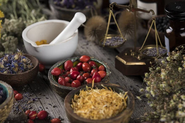 Natural Remedy Herbal Medicine Wooden Table Background — Stock Photo, Image