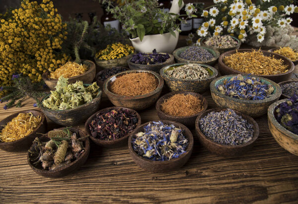 Homeopathy, herbal medicine on wooden table
