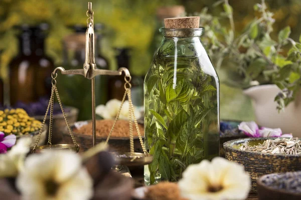 Homeopathy Herbal Medicine Wooden Table — Stock Photo, Image