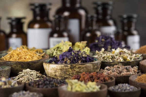 Natural Remedy Herbal Medicine Wooden Table Background — Stock Photo, Image