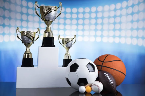 Podium Para Prêmios Esportivos Equipamentos Bolas — Fotografia de Stock