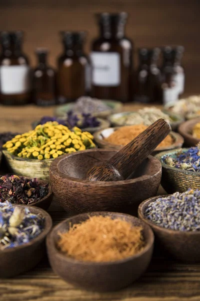 Natural Remedy Herbal Medicine Wooden Table Background — Stock Photo, Image