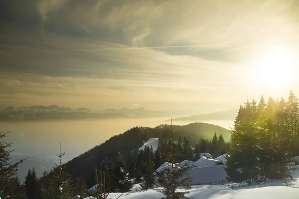 Montañas Paisaje Invernal Fondo Del Atardecer — Foto de Stock