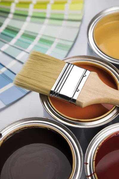 Metal Tin Cans Color Paint Paintbrush — Stock Photo, Image