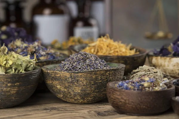 Natural Remedy Herbal Medicine Wooden Table Background — Stock Photo, Image