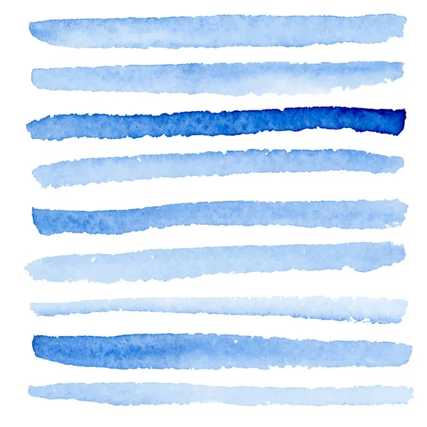 Rayures vectorielles aquarelle bleu. Lignes réalisées avec un pinceau encré humide sur fond blanc . — Image vectorielle