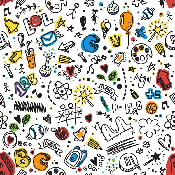 Vector seamless hand drawn doodle pattern. Back to school background. Kid's style. Good for wrapping paper, notebook covers and other printed works. — Stock Vector