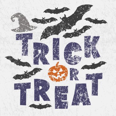 Şeker ya da numara - geleneksel Cadılar Bayramı sloganı korkunç semboller ile - balkabağı Jack fener, yarasalar, cadının sihirli şapka. Grunge tarzı, eski püskü sokak sanatı taklit. Vintage eski kağıt doku.