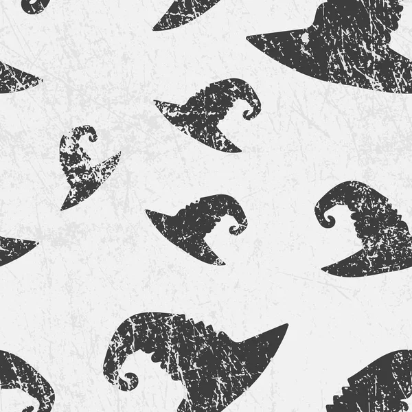 Vektor nahtlose Halloween-Muster mit Hexen magischen Hüten. Grunge-Stil, schäbige Street-Art-Imitation. alte Papier Textur. — Stockvektor