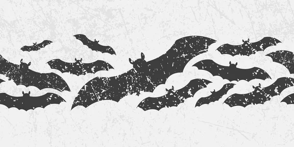 Vetor borda de Véspera de Todos os Santos sem emenda com símbolos assustadores - morcegos pretos. Estilo grunge, imitação pobre . — Vetor de Stock