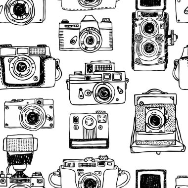 Vektör eski moda kameralar ile seamless modeli. Vintage fotoğraf makinesi çekilen dizi el.