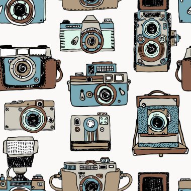 Vektör eski moda kameralar ile seamless modeli. Vintage fotoğraf makinesi çekilen dizi el.