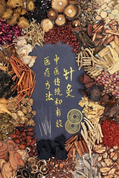 Agulhas de acupuntura com ervas chinesas — Fotografia de Stock