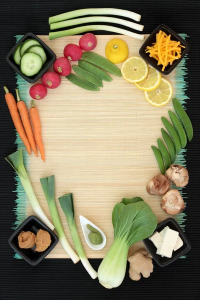 Conceito Alimentos Saúde Macrobióticos Com Wasabi Miso Pasta Tofu Frutas — Fotografia de Stock
