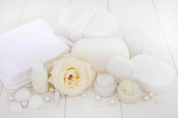 Spa Beauty Treatment Products Rose Foliating Salt Moisturising Cream Body — Stock Photo, Image
