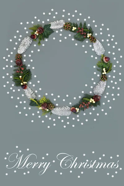 Merry Christmas Snowflake Wreath with Winter Greenery — Stock Photo, Image