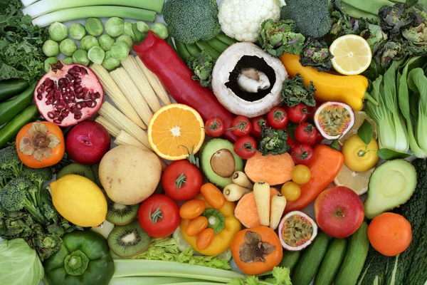Frutas Verduras Alta Fibra Para Veganos Vegetarianos También Ricos Antioxidantes — Foto de Stock
