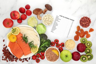 Gastrointestinal indekste 55 'in altında yiyeceği olan diyabet hastaları için düşük glisemik gıda. Vitaminler, mineraller, antosiyaninler, antioksidanlar, akıllı karbonhidratlar ve omega 3 yağ asitleri. Buna karşılık gelen değerler listesi. 