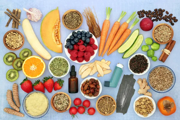 Gesundes Essen Für Asthmatiker Mit Pflanzlicher Medizin Zur Behandlung Von — Stockfoto