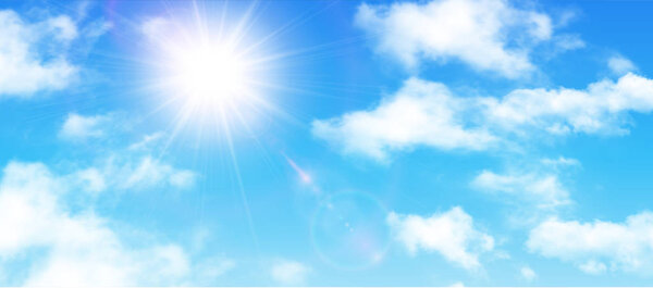 Солнечный фон, голубое небо с белыми облаками и солнцем