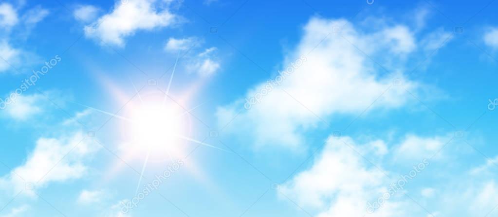 Sunny background, blue sky with white clouds and sun