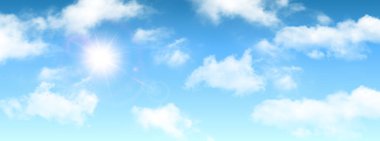 Güneşli arka plan, mavi gökyüzü beyaz bulutlar ve güneş