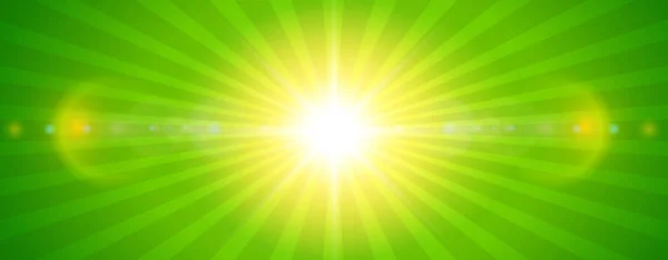 Fondo soleado, sol verde con destello de lente — Vector de stock