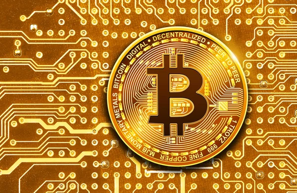 Bitcoin na placa de circuito — Fotografia de Stock