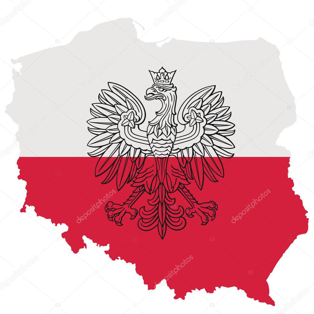 Poland map with eagle and white red polish flag, vector national emblem.