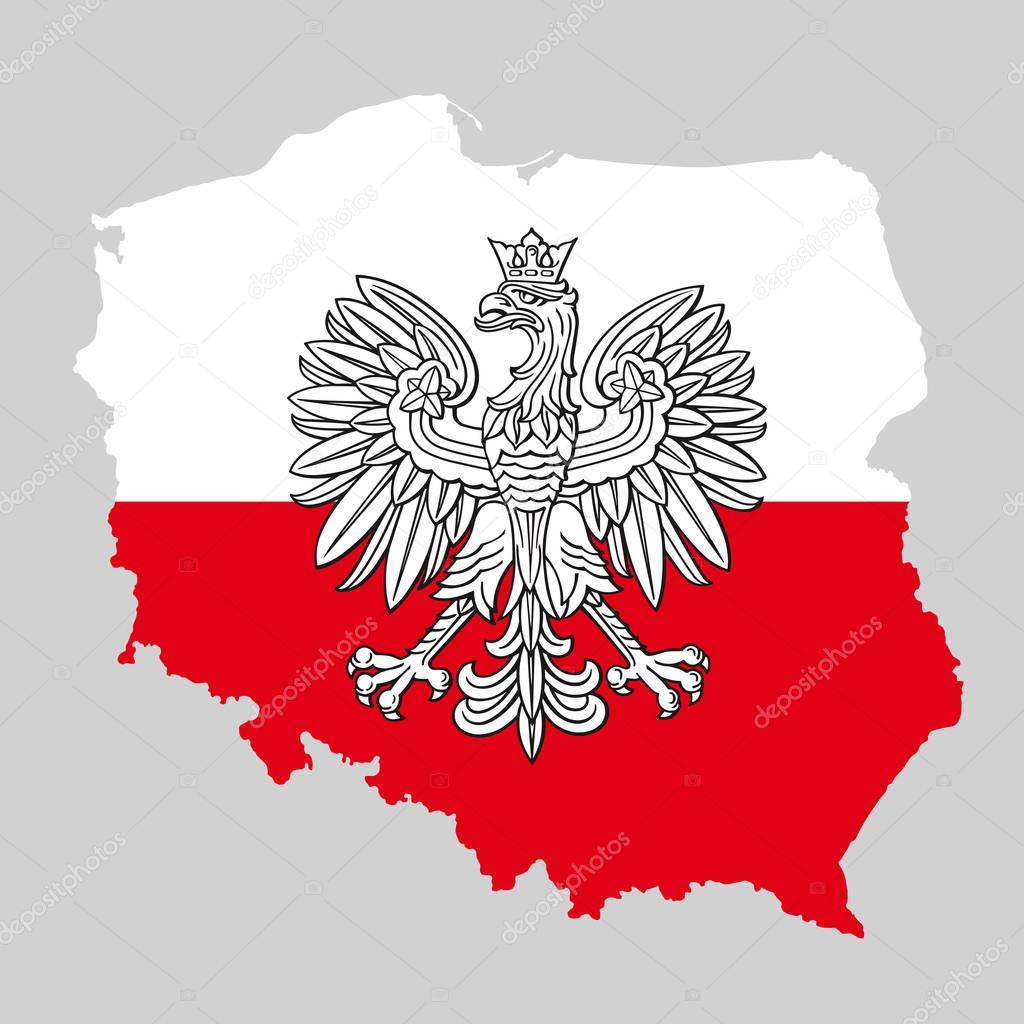 Poland map with eagle and white red polish flag, vector national emblem.