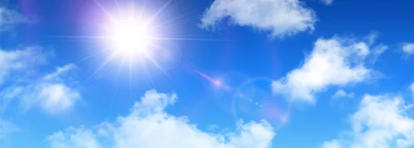 Güneşli arka plan, mavi gökyüzü, bulutlar ve güneş — Stok Vektör
