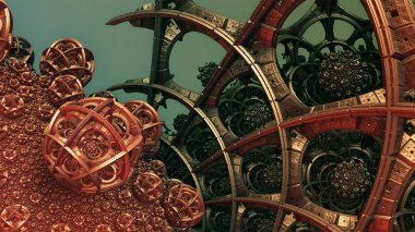 Soyut arka plan 3D, fantastik antik medeniyet mimarisi çizimi.