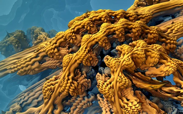 抽象的な背景3D 素晴らしい金の形 興味深い水中レンダリングイラスト — ストック写真