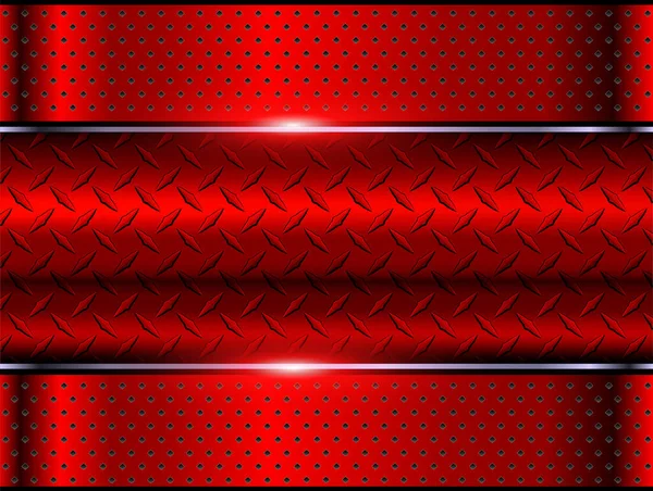 背景赤金属 ダイヤモンドプレート板金テクスチャと3Dクロムベクトルデザイン — ストックベクタ