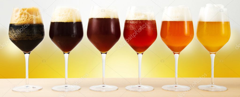 Six glasses with different beers 