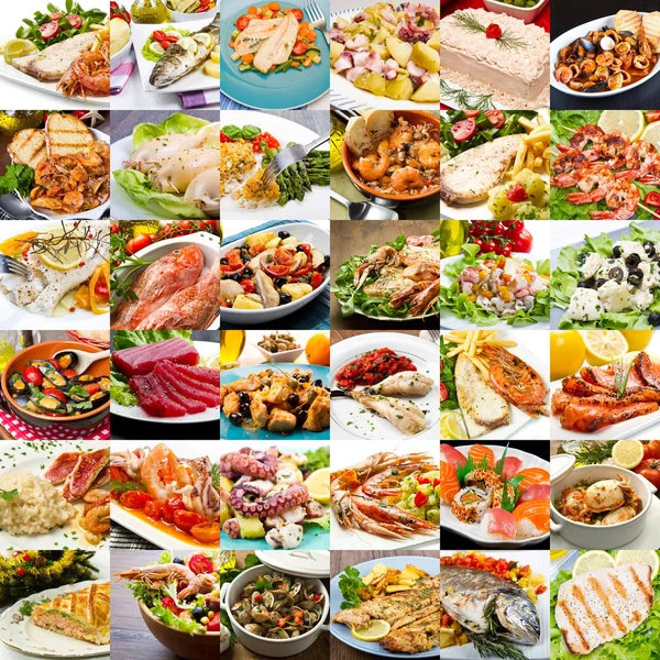 Collage van verschillende visgerechten uit de internationale keuken — Stockfoto