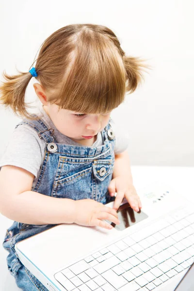 Schattig klein meisje, zittend met een laptop — Stockfoto