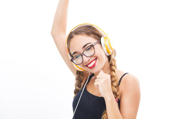 Music teenager girl dancing with headhphone