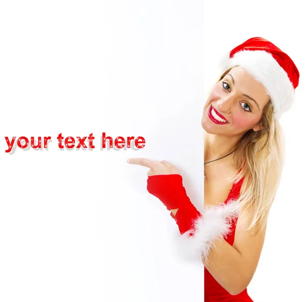 Noel güzel kadın boş işareti billboard isolat bakmak — Stok fotoğraf