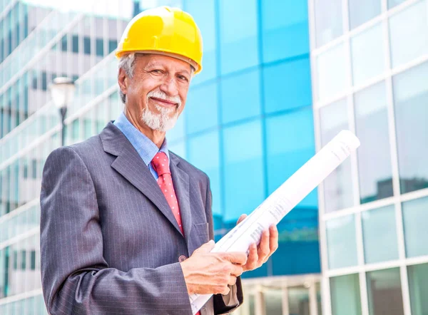 Feliz, sorridente arquiteto mais velho olhando para fora — Fotografia de Stock