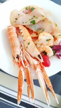 Deniz ürünleri meze ile karides, ton balığı carpaccio ve greyfurt dilim