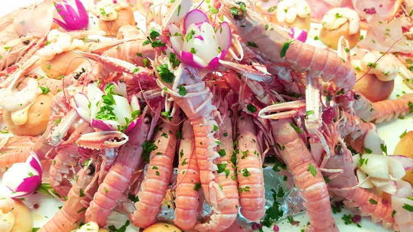 海老とシーフードの前菜マグロのカルパッチョとグレープ フルーツ スライス — ストック写真