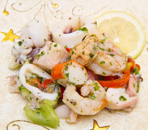 Seafood salad on decorated dish — Stock Photo, Image